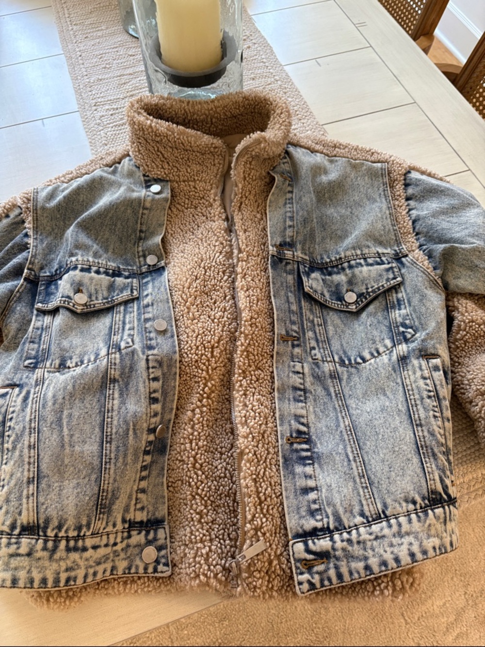 Blank NYC Two-Tone Sherpa Denim Jacket - Tan Sherpa & Light Blue Denim